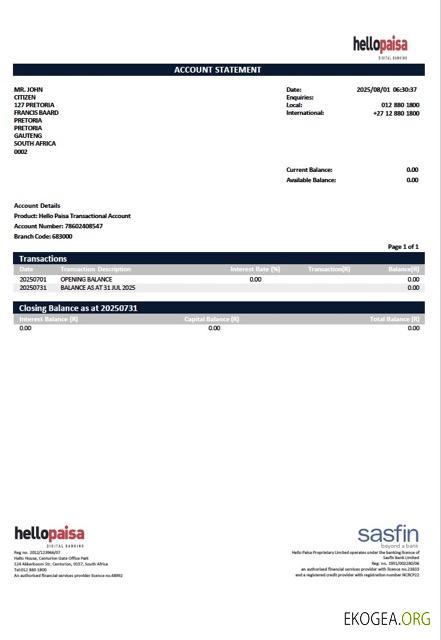 Modèle Word et PDF de relevé de compte Hellopaisa d'Afrique du Sud